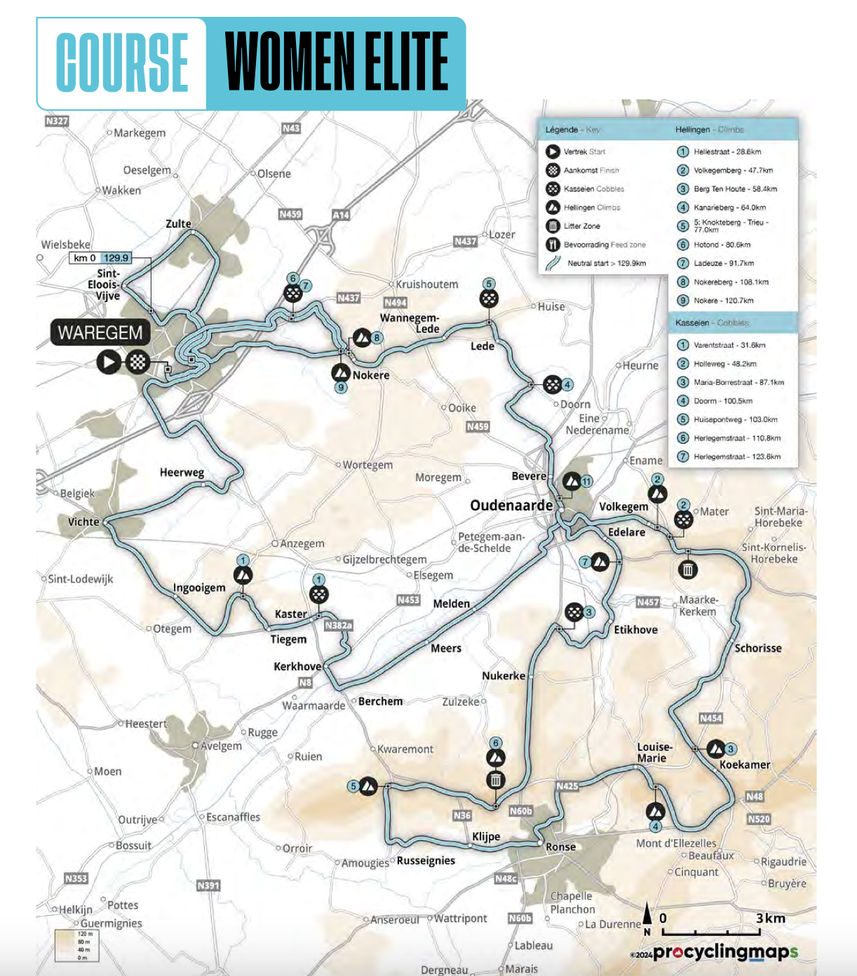 A map of the 2024 Dwars door Vlaanderen women's route, with a start and finish in Waregem and circuits around Oudenaarde.